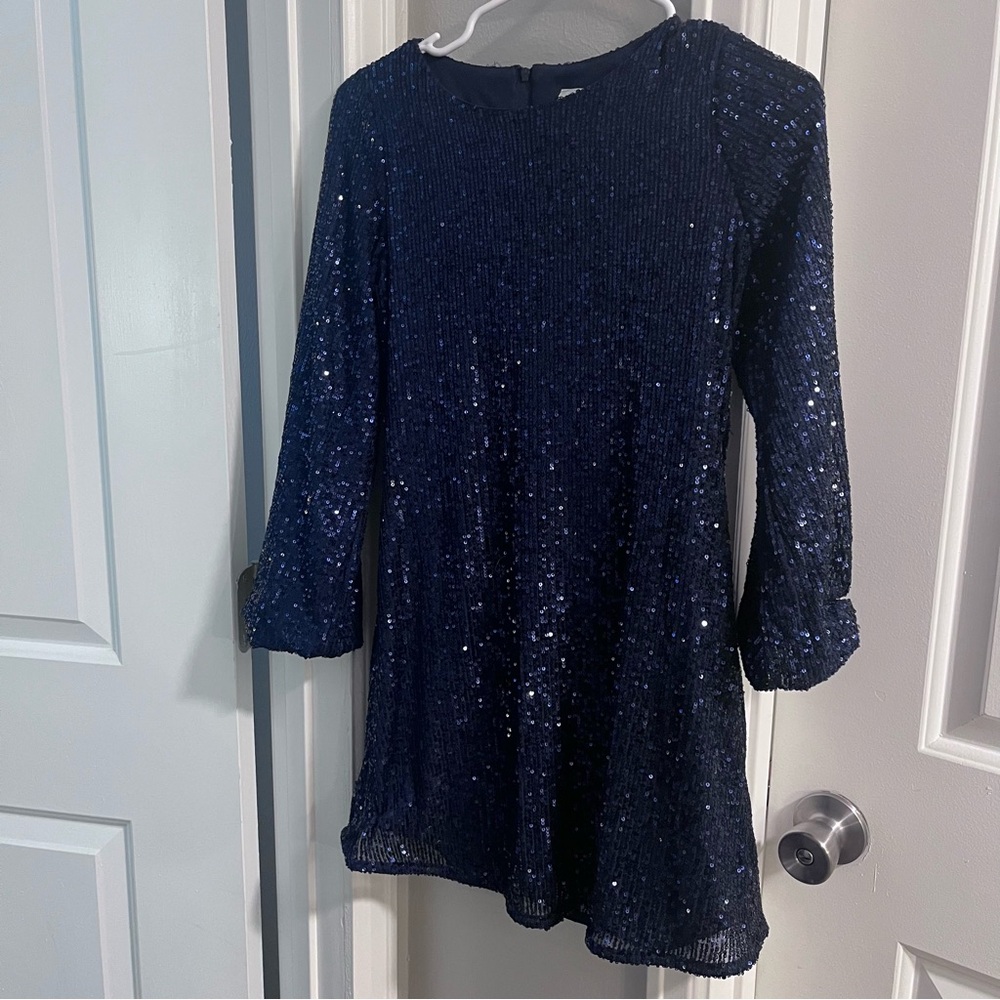 Rare Editions Blue Mini Sequin Sheath Dress with 3/4 Cuffed Sleeves